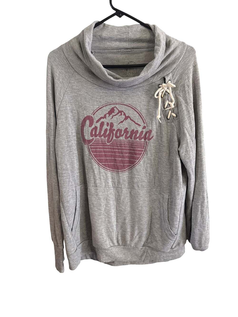 Reflex California Graphic Cowl Neck Lace Up Hoodie Sweatshirt Gray